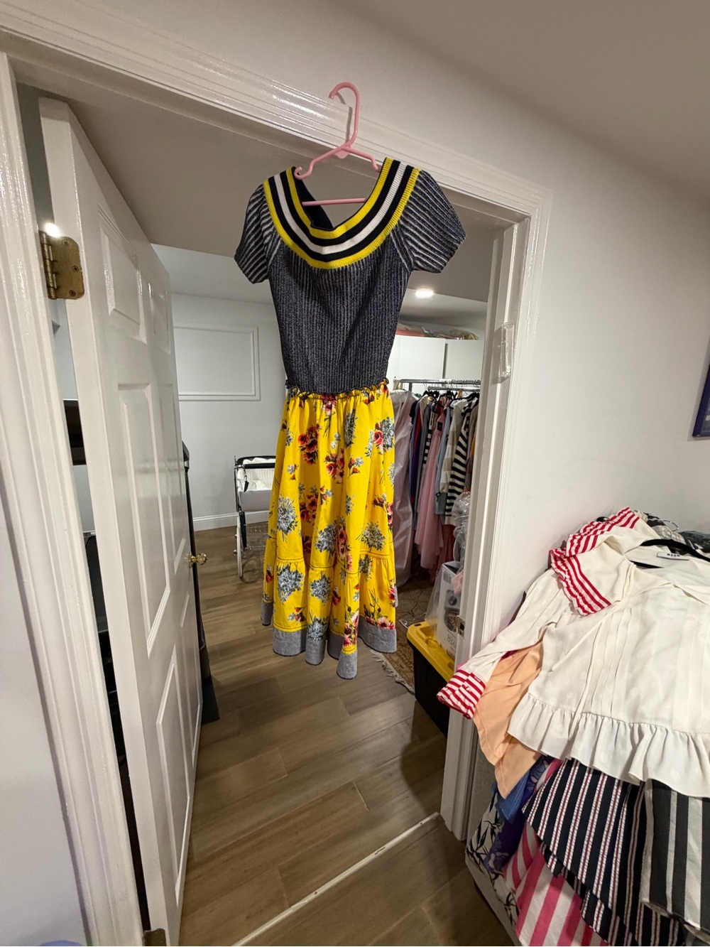 Striped Knit Top & Yellow Floral Midi Dress